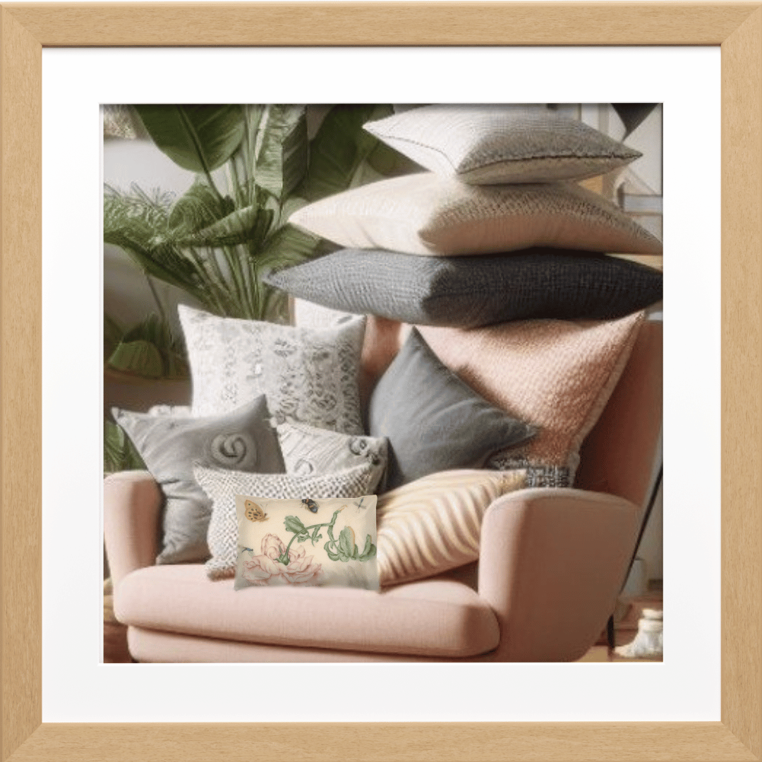 Pink Armchair piled up with too many velvet and patterned throw pillows. Plant in the corner