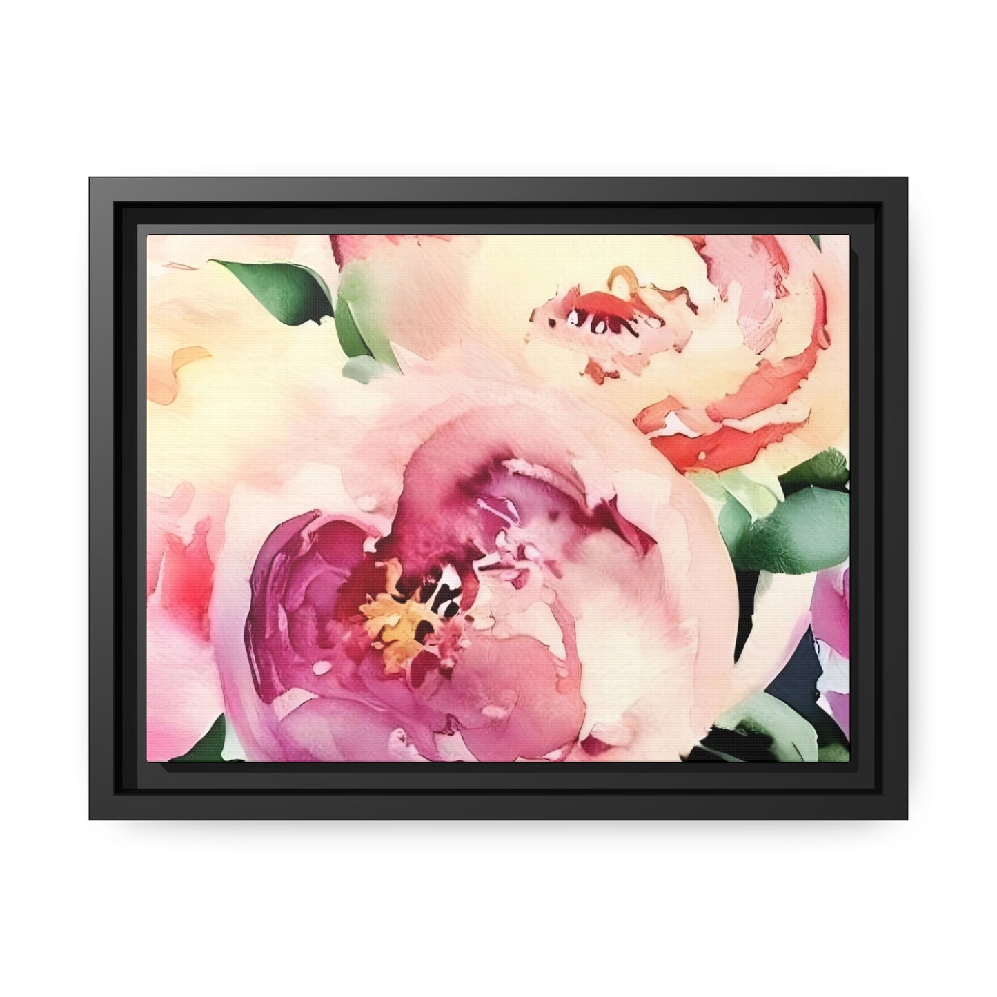 'Peony Watercolour Bouquet' - Matte Canvas, Black Wooden Frame