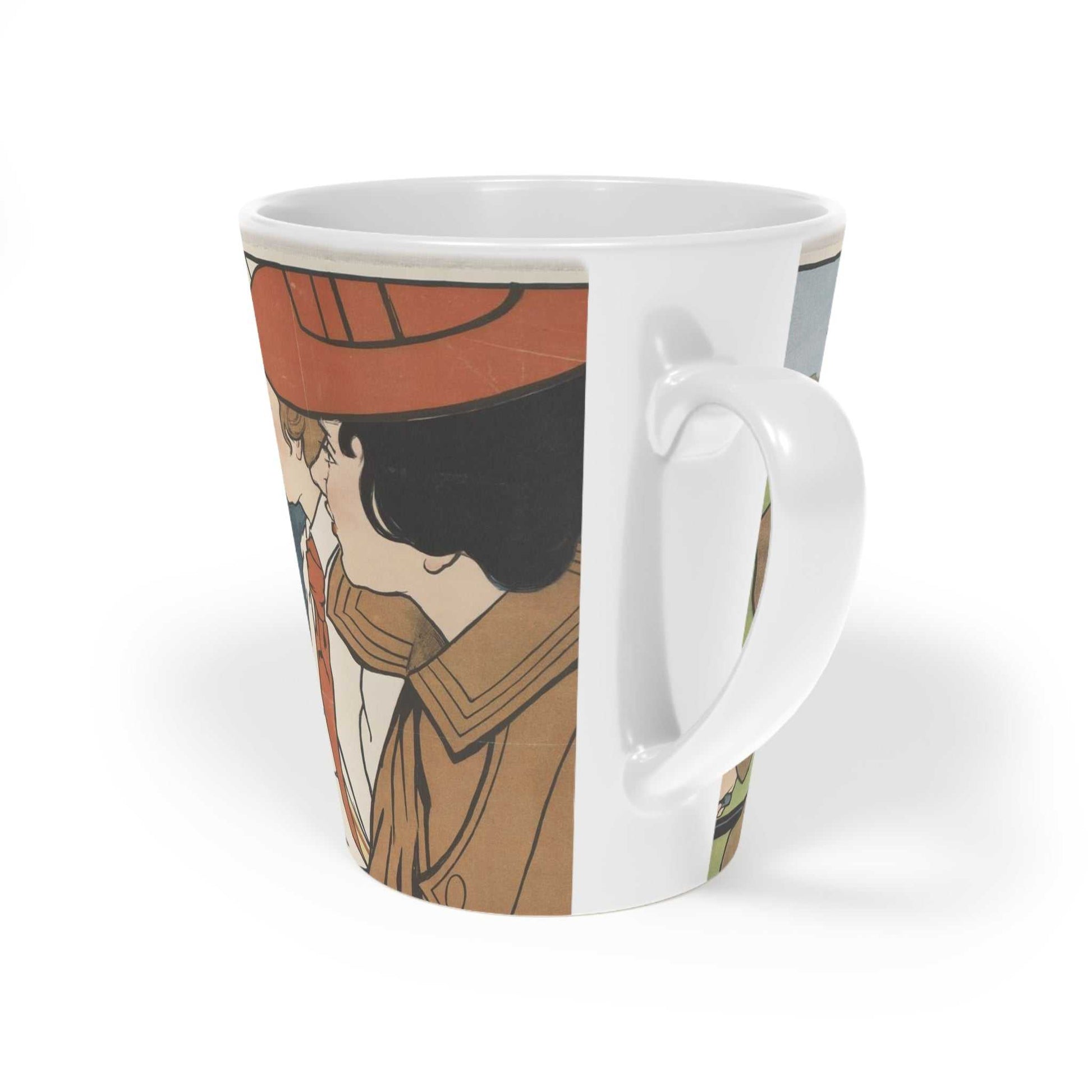 'Cycling'  ceramic Latte Mug with c shaped handle 12oz - scratch resistant 'Cycling' Latte Mug, 12oz - Free shipping in Canada.  Depicts picyclers from the turn of the 20th century in a brightly coloured illustration