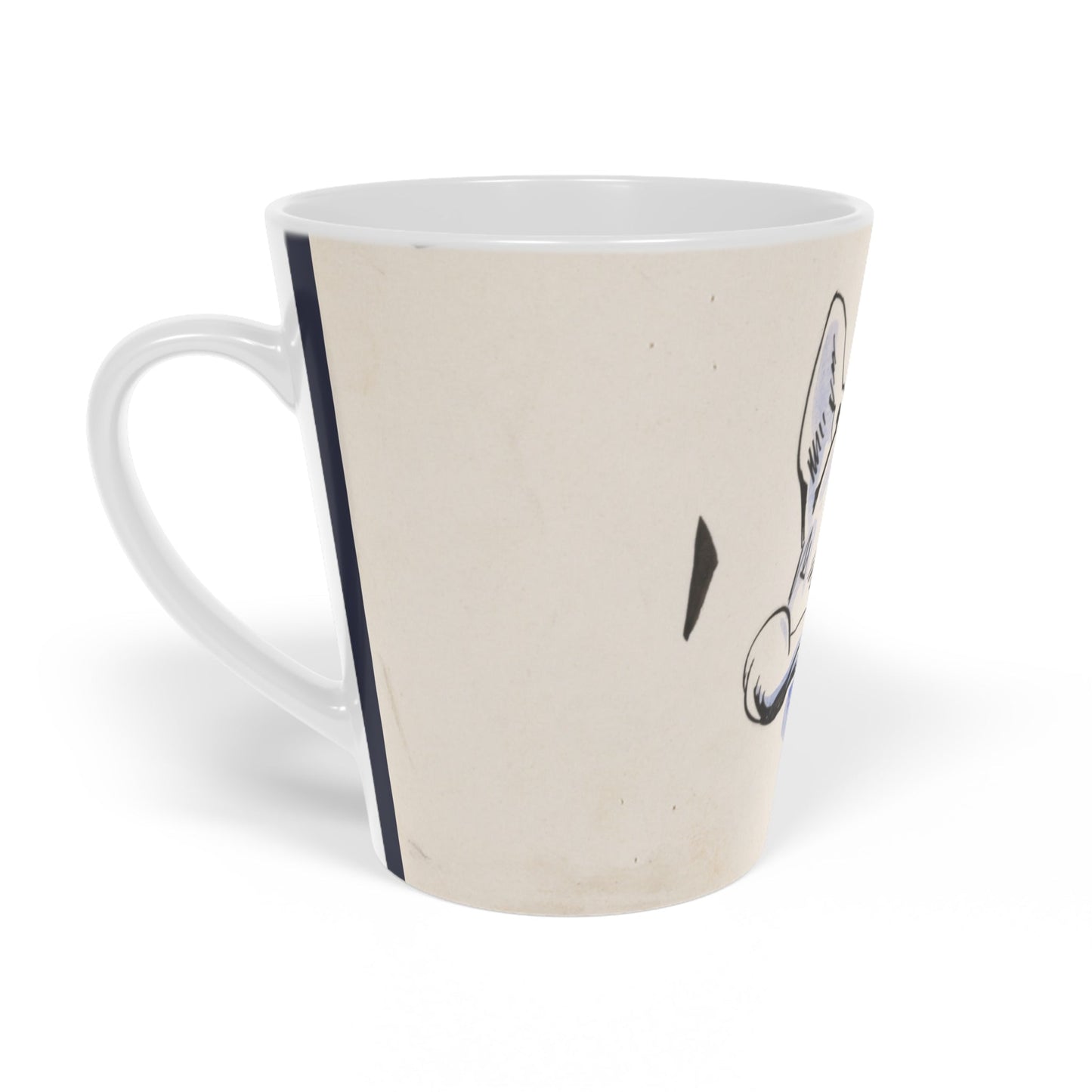 'Dog and Bone' scratch resistant ceramic Latte Mug with c shaped handle 12oz - scratch resistant 'Cycling' Latte Mug, 12oz - Free shipping in Canada. in a bue and white illustration depicting a dog with a bone in his mouth illustration