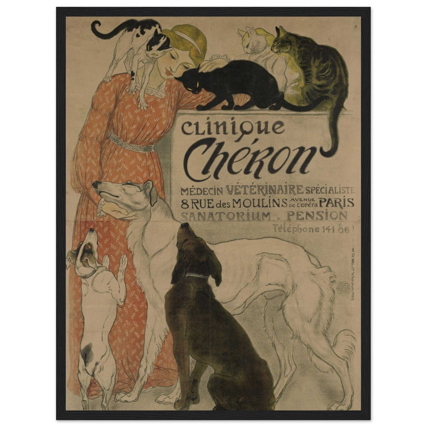 Black wooden framed poster - a matte art print vintage advertising illustration depicting a girl in a long orange vintage dress surrounded by a few cats on a dark cream background - ready to hang - matte acid free paper