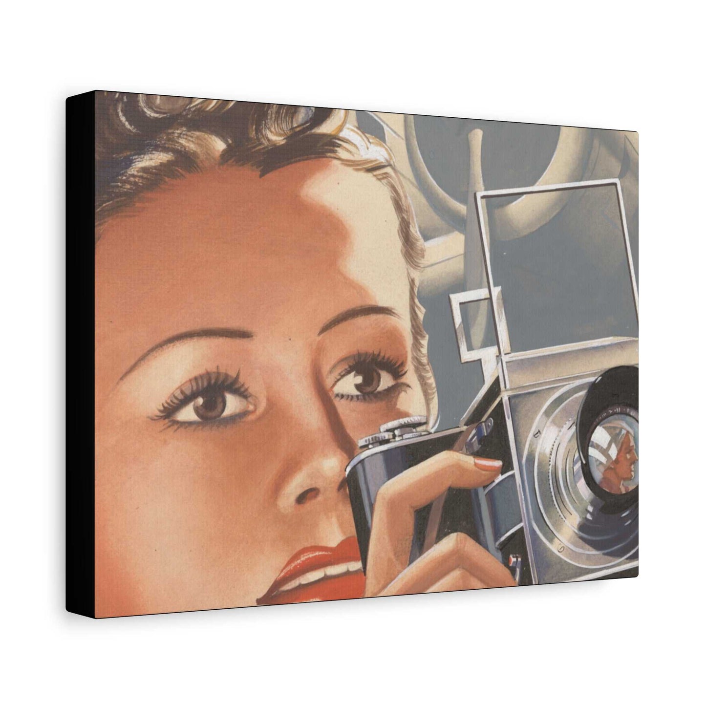 'Vintage Snapshot' Matte Canvas, Stretched, 12 x 9 inches x 1.25 (Unframed - Ready to Hang) for a touch of retro charm on your walls. !940's illustration of a girl holding a caera, a world war 2 plane in the background and a pilot's reflection in the lens