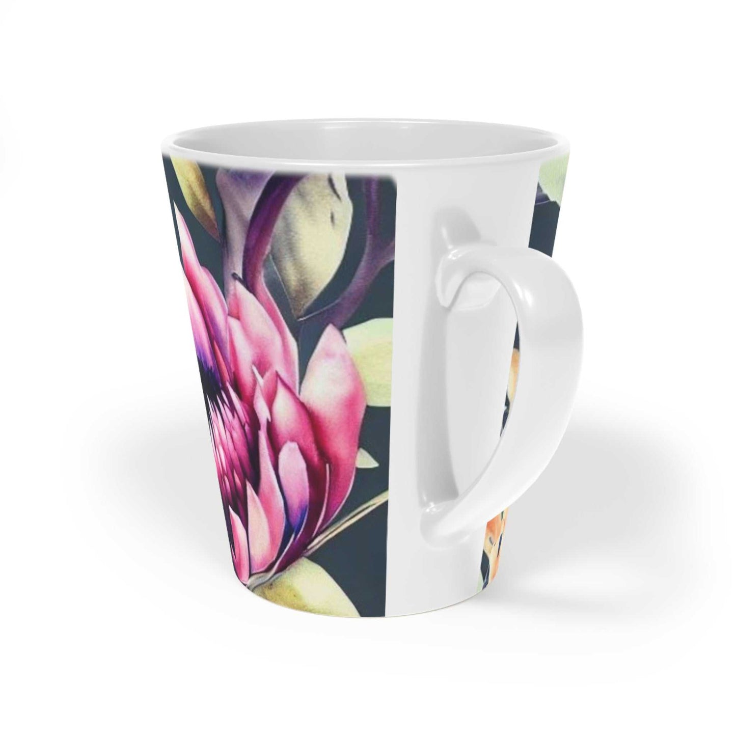 Bright Floral patterned ceramic Latte Mug with c shaped handle 12oz - scratch resistant 'Africa Blooms' Latte Mug, 12oz - Free Shipping in Canada - back view