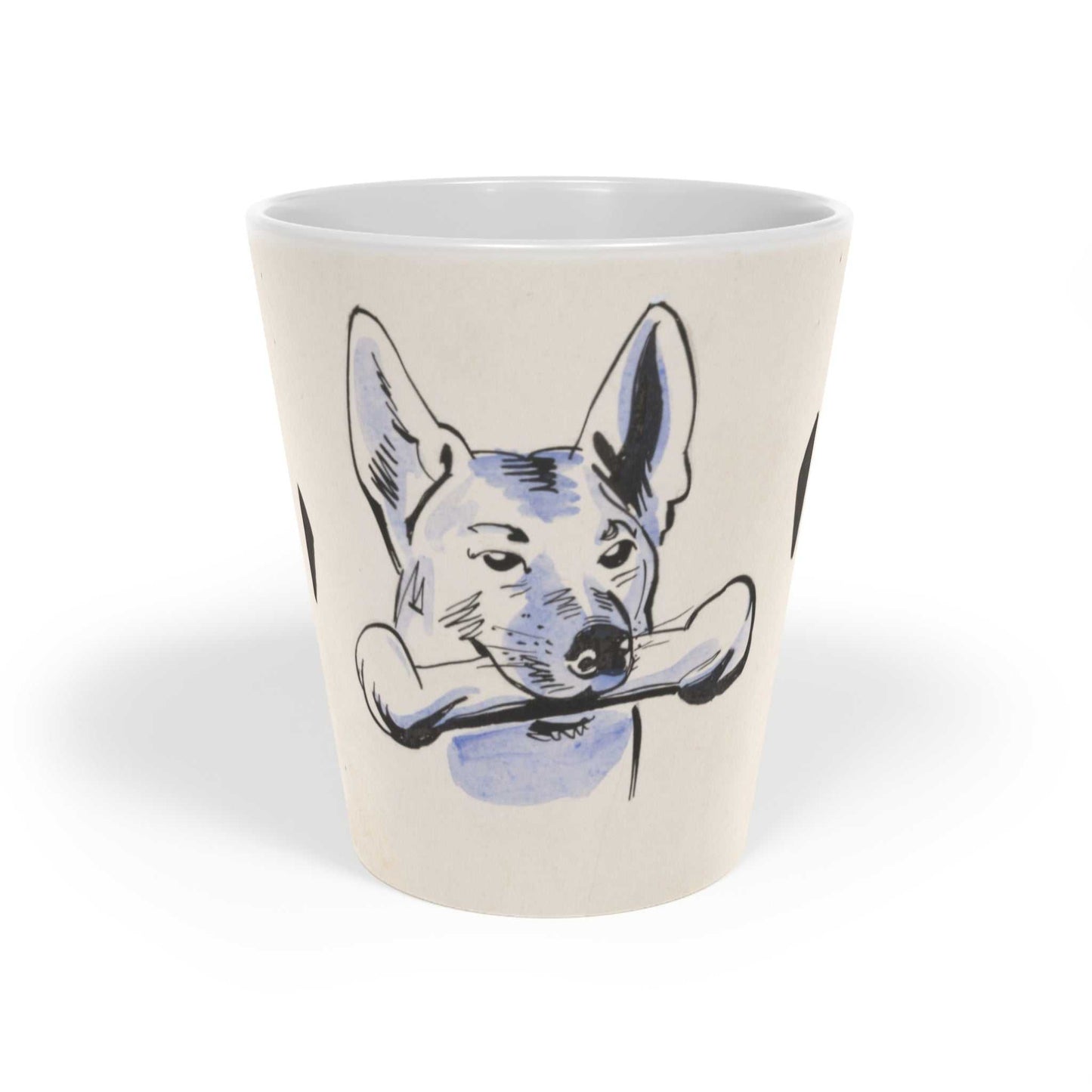 'Dog and Bone' scratch resistant ceramic Latte Mug with c shaped handle 12oz - scratch resistant 'Cycling' Latte Mug, 12oz - Free shipping in Canada. in a bue and white illustration depicting a dog with a bone in his mouth illustration