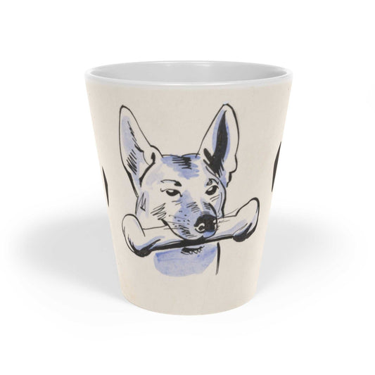 'Dog and Bone' scratch resistant  ceramic Latte Mug with c shaped handle 12oz - scratch resistant 'Cycling' Latte Mug, 12oz - Free shipping in Canada.   in a bue and white illustration depicting a dog with a bone in his mouth illustration
