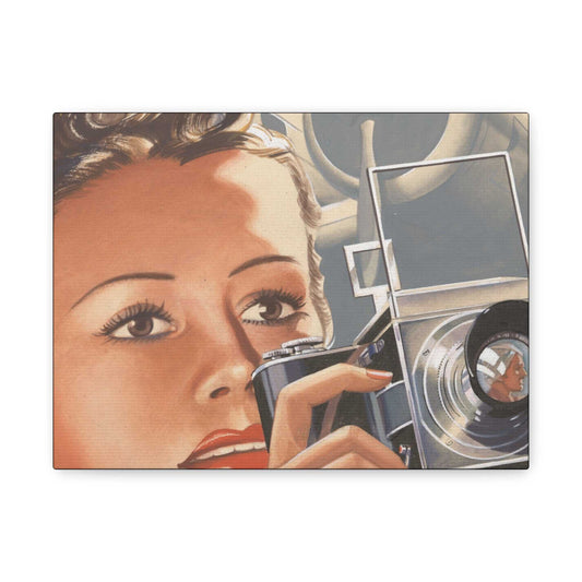 'Vintage Snapshot' Matte Canvas, Stretched, 12 x 9 inches x 1.25 (Unframed - Ready to Hang) for a touch of retro charm on your walls.  !940's illustration of a girl holding a caera, a world war 2 plane in the background and a pilot's reflection in the lens