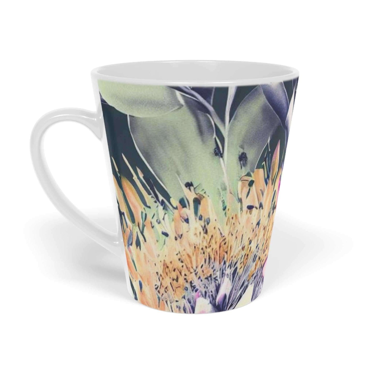 Bright Floral patterned ceramic Latte Mug with c shaped handle 12oz - scratch resistant 'Africa Blooms' Latte Mug, 12oz - Free Shipping in Canada- side view