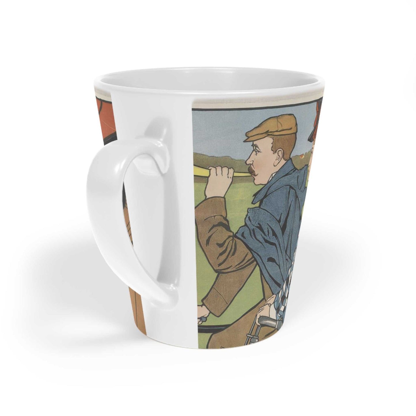 'Cycling'  ceramic Latte Mug with c shaped handle 12oz - scratch resistant 'Cycling' Latte Mug, 12oz - Free shipping in Canada.  Depicts picyclers from the turn of the 20th century in a brightly coloured illustration