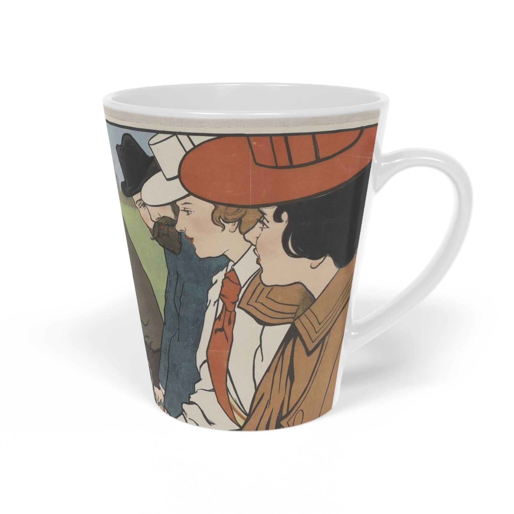 'Cycling'  ceramic Latte Mug with c shaped handle 12oz - scratch resistant 'Cycling' Latte Mug, 12oz - Free shipping in Canada.  Depicts picyclers from the turn of the 20th century in a brightly coloured illustration