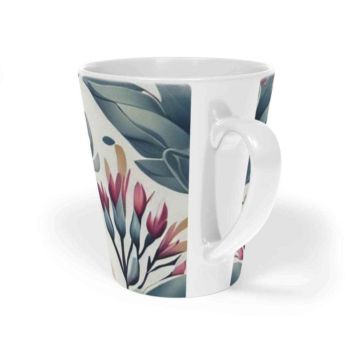 'Bohemian Garden' Latte Mug, 12oz scratch resistant white ceramic. Sage green and burgundy botanical print. Perfect cup for enjoying your favorite drink in style