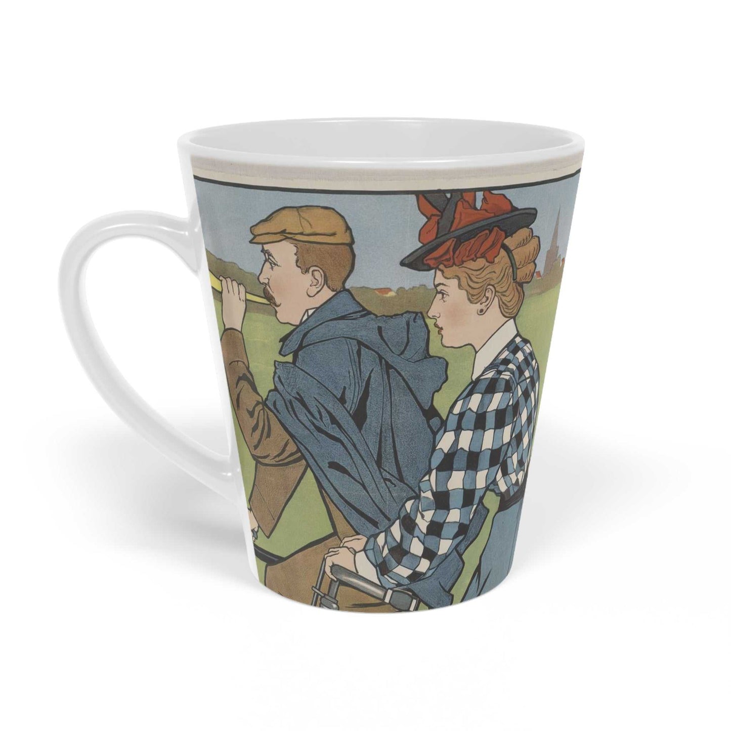'Cycling'  ceramic Latte Mug with c shaped handle 12oz - scratch resistant 'Cycling' Latte Mug, 12oz - Free shipping in Canada.  Depicts picyclers from the turn of the 20th century in a brightly coloured illustration