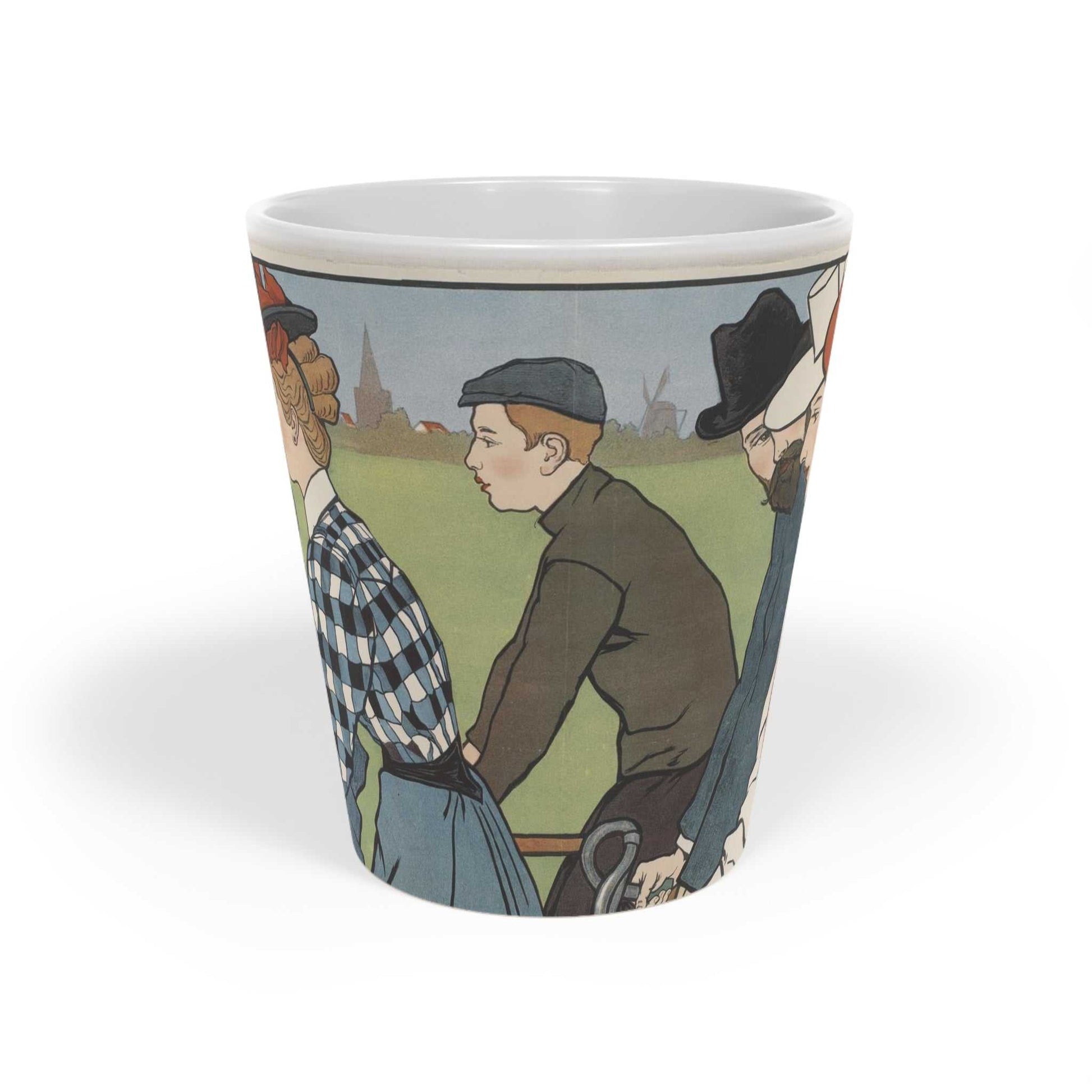 'Cycling'  ceramic Latte Mug with c shaped handle 12oz - scratch resistant 'Cycling' Latte Mug, 12oz - Free shipping in Canada.  Depicts picyclers from the turn of the 20th century in a brightly coloured illustration