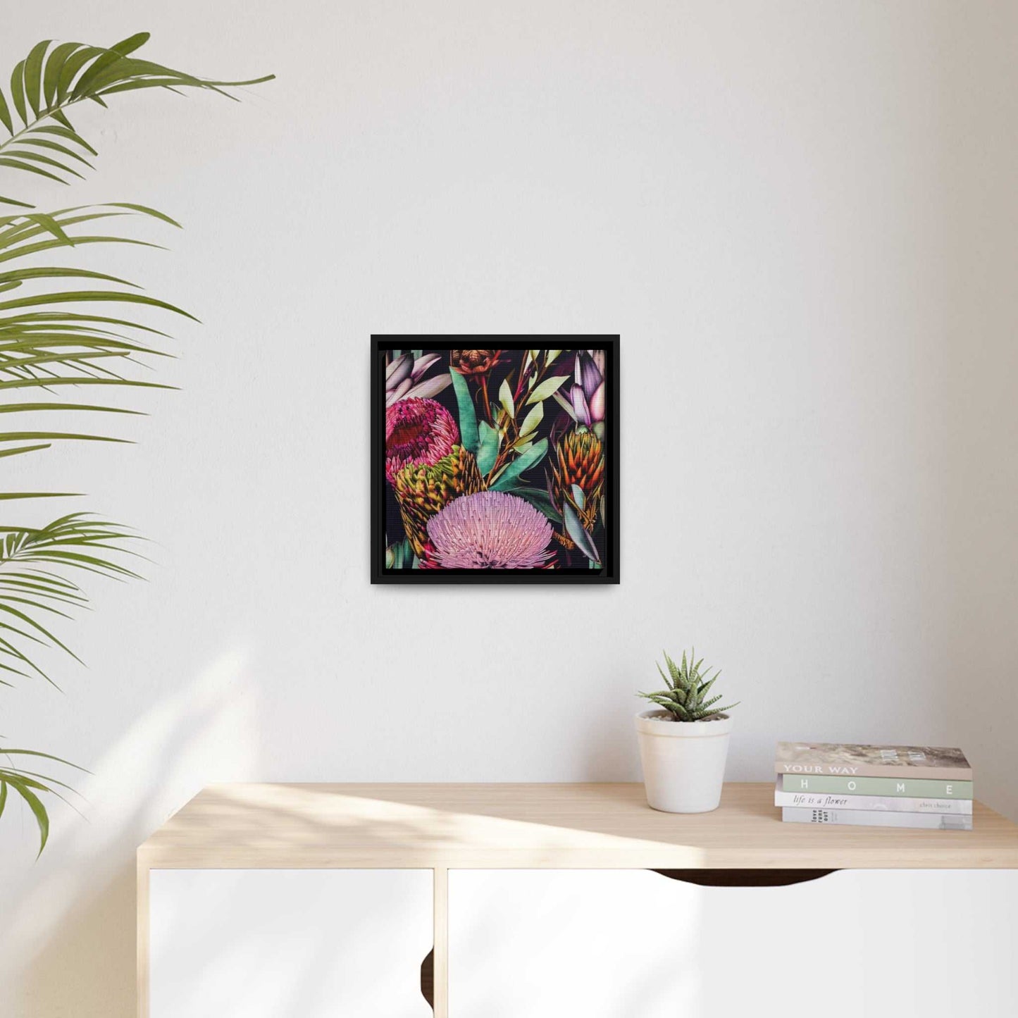 'Evening in the Garden' - Matte Canvas, Black wooden Framed Art Print 14 x 14 inches Canvas Art Prints - Matte with wooden frames. Pictured on the wall above a white credenza a plant stands to the left