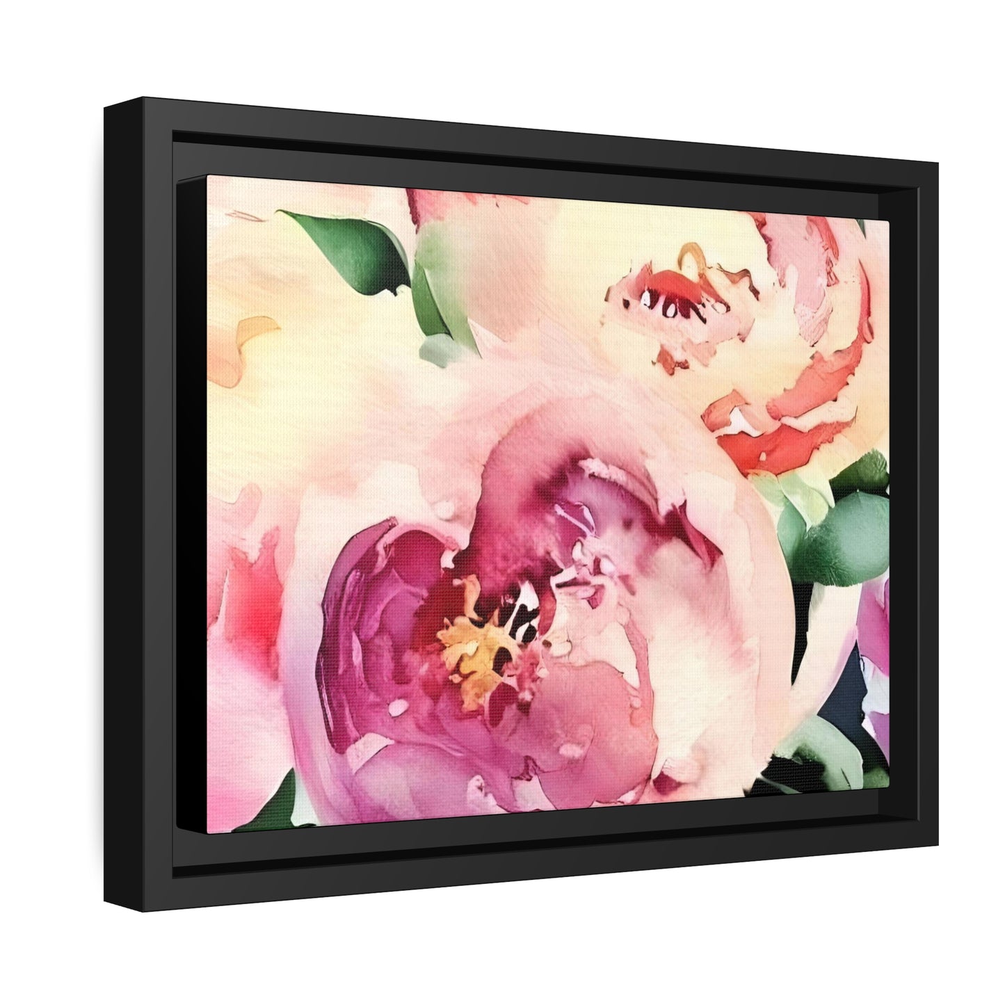 'Peony Watercolour Bouquet' - Matte Canvas, Black Wooden Frame