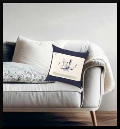 'Dog and Bone' 16x16 inch cotton twill throw pillow with zip and poly fill insert. a blue and white illustration depicting a dog with a bone in his mouth illustration. Depicted on a beige and wood scandanavian style couch.