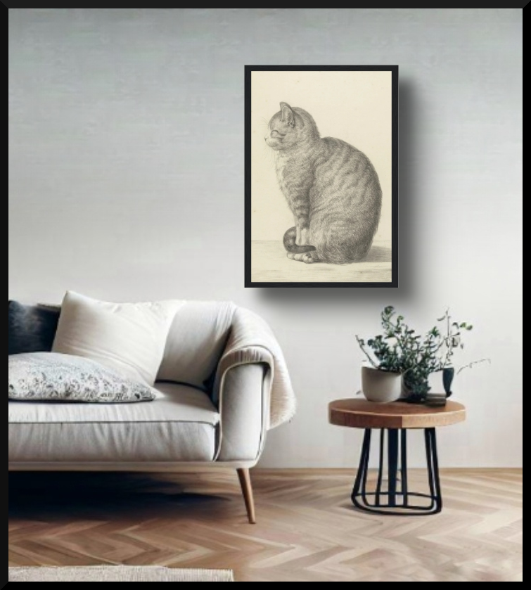 Sitting Kitty Poster In a black wooden frame. Exaggerated in size, beside a scandanavian style couch. and a small table full of plants.