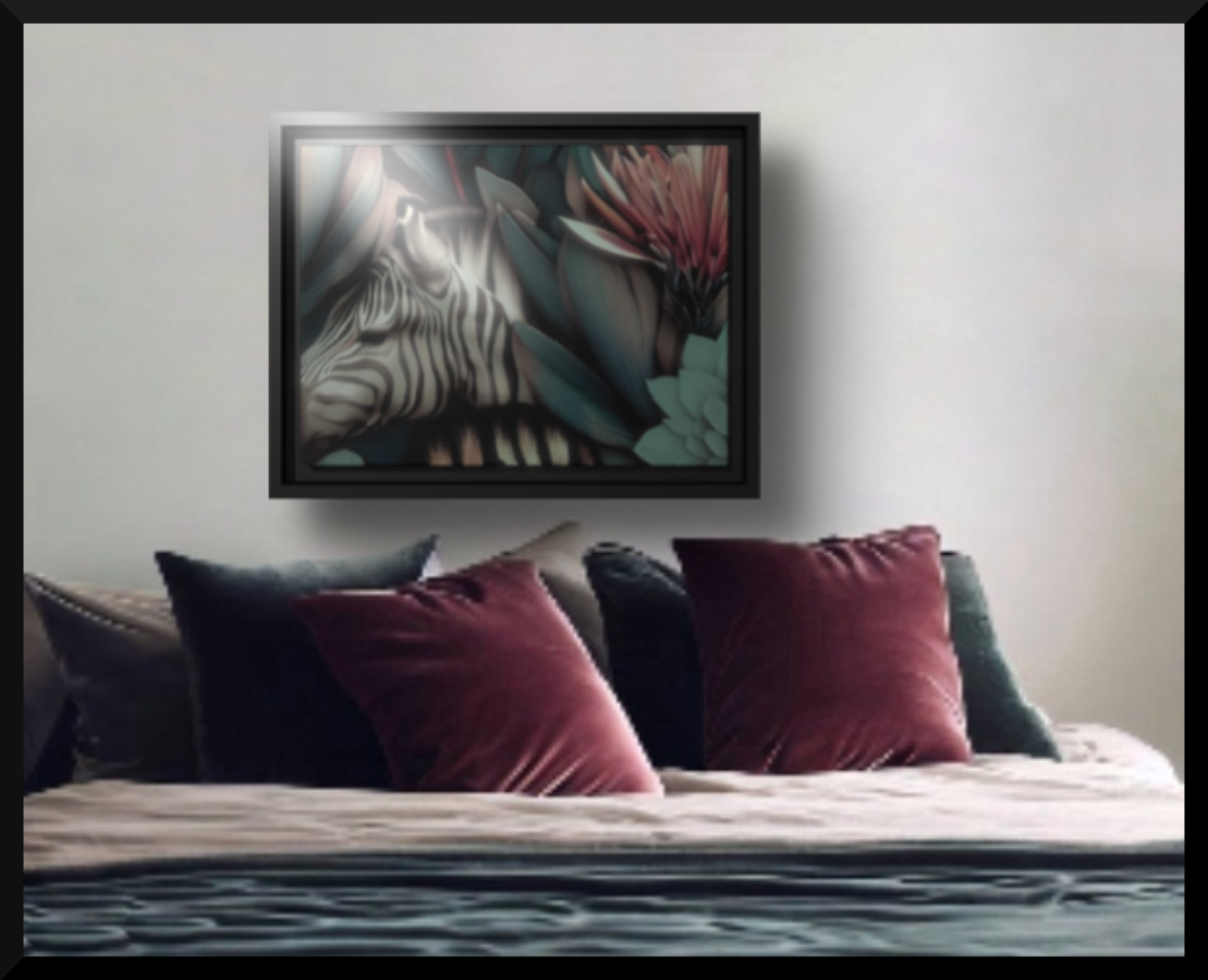 'Zebra Incognito' - Matte Canvas Original Art Print, Black Wooden Frame 12 x 9 inches