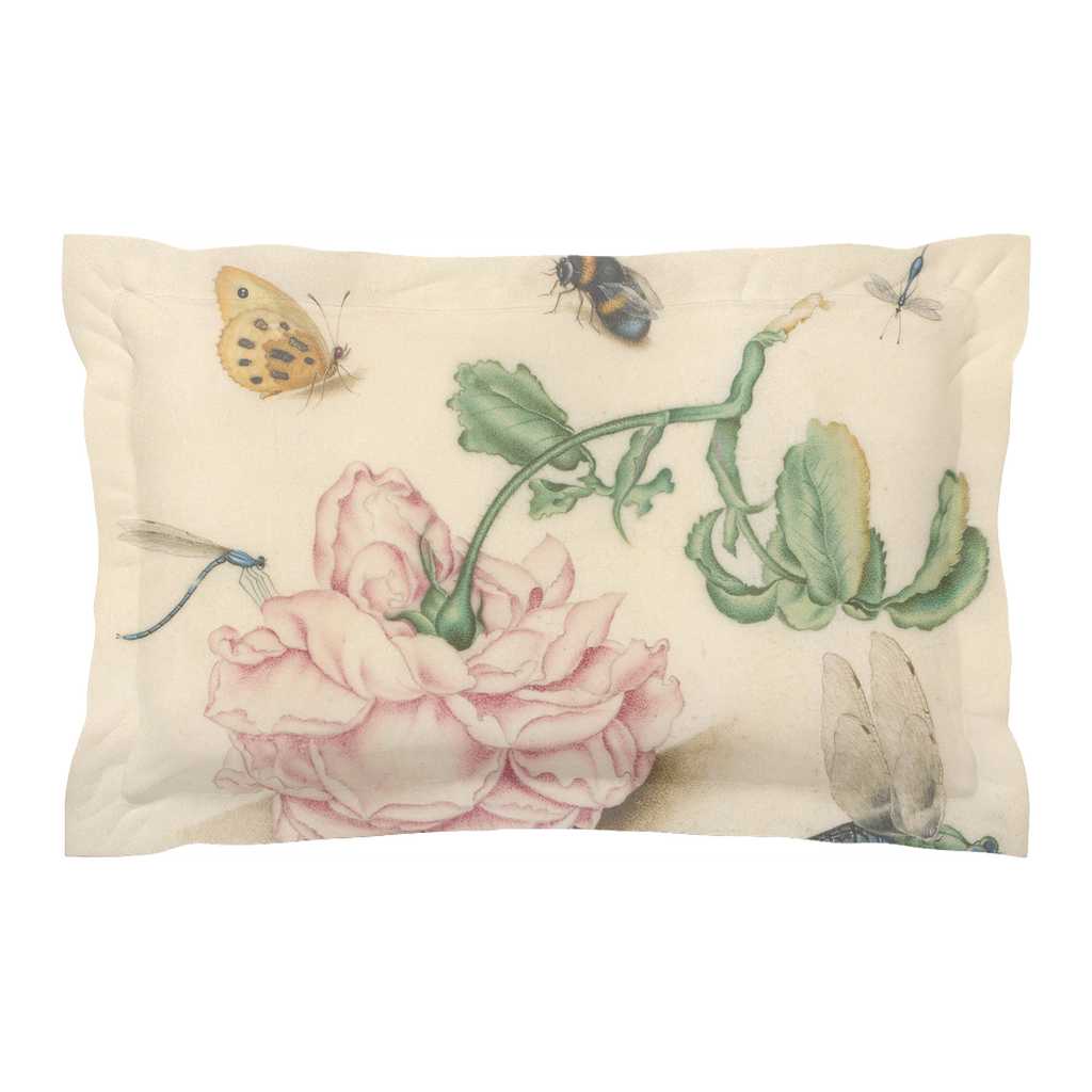 A micro fibre Pillow sham with 2 inch flange. A botanical print of butterflies , a bee and blue dragonflies. A large pink downturned rose is at the centre of the print.
