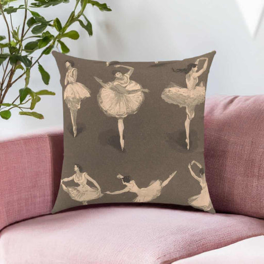 Cream colored sketches of ballet dancers in various positions on a milk chocolate brown background 16x16 inches cotton twill throw pillow with zipper. Double sided print. Perfect pillowy cushion pictured on a pink chair