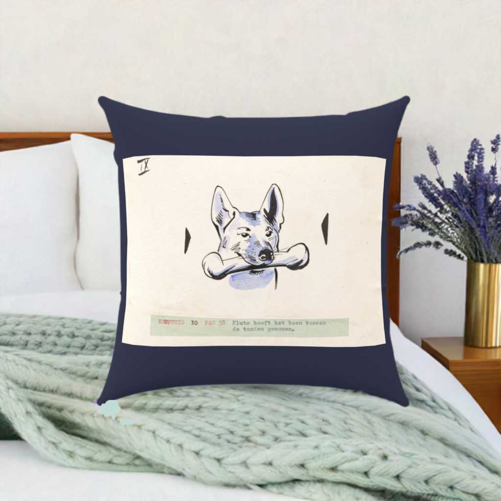 'Dog and Bone' 16x16 inch cotton twill throw pillow with zip and poly fill insert. a blue and white illustration depicting a dog with a bone in his mouth illustration. Depicted on a bed with a pale green blanket, white pillows and a wooden headboard. to the right on the bedside table is a vase of lavender
