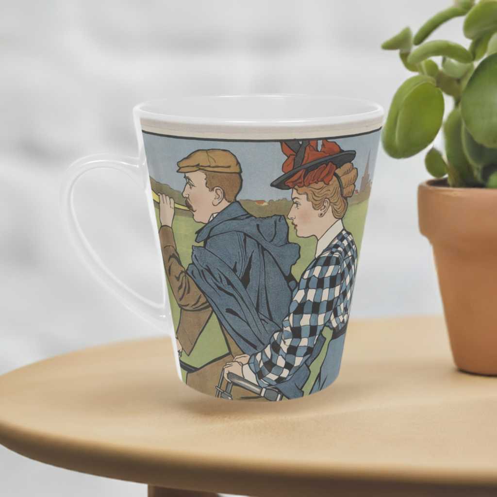 'Cycling'  ceramic Latte Mug with c shaped handle 12oz - scratch resistant 'Cycling' Latte Mug, 12oz - Free shipping in Canada.  Depicts picyclers from the turn of the 20th century in a brightly coloured illustration.  Pictured on a wooden table with a plant to the right side of the mug in a terracotta plant pot