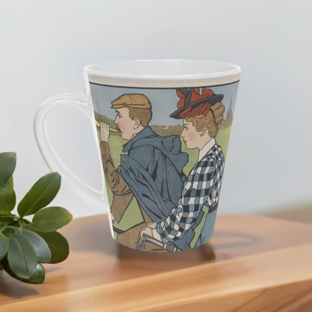 'Cycling'  ceramic Latte Mug with c shaped handle 12oz - scratch resistant 'Cycling' Latte Mug, 12oz - Free shipping in Canada.  Depicts picyclers from the turn of the 20th century in a brightly coloured illustration.  Pictured on a wooden table with a plant to the left side of the mug