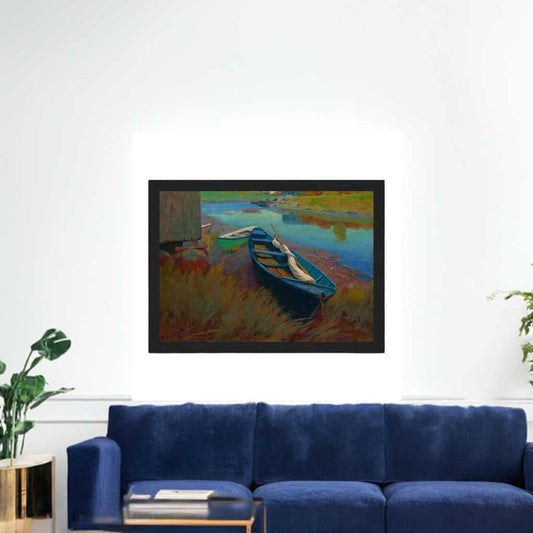 'Boats at Rest' Museum Quality Reproduction Art Print poster Matte acid free paper 8x12 inches Black Wood Framed - Ready to hang hanging hardware included.  Pictured above a brigght blue velvet scandanavian style sofa