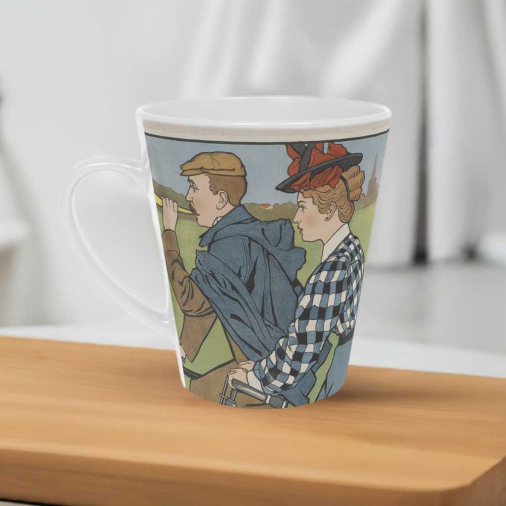 'Cycling' Ceramic Latte Mug with c shaped handle 12oz - scratch resistant 'Cycling' Latte Mug, 12oz - Free shipping in Canada . Pictured on a wooden table