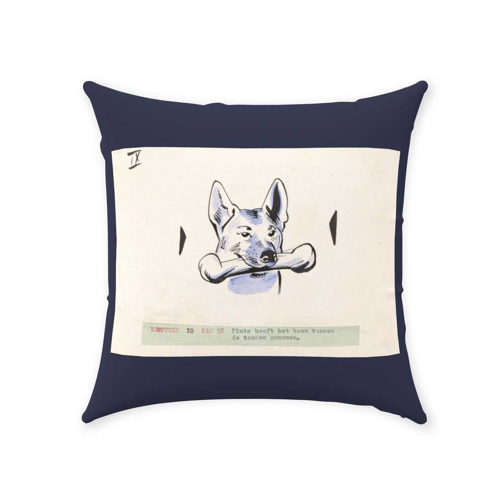 'Dog and Bone' 16x16 inch cotton twill throw pillow with zip and poly fill insert. a blue and white illustration depicting a dog with a bone in his mouth illustration