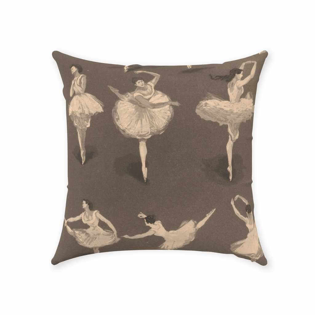 Cream colored sketches of ballet dancers in various positions on a milk chocolate brown background 16x16 inches cotton twill throw pillow with zipper. Double sided print. Perfect pillowy cushion to decorate a bedroom or living room.