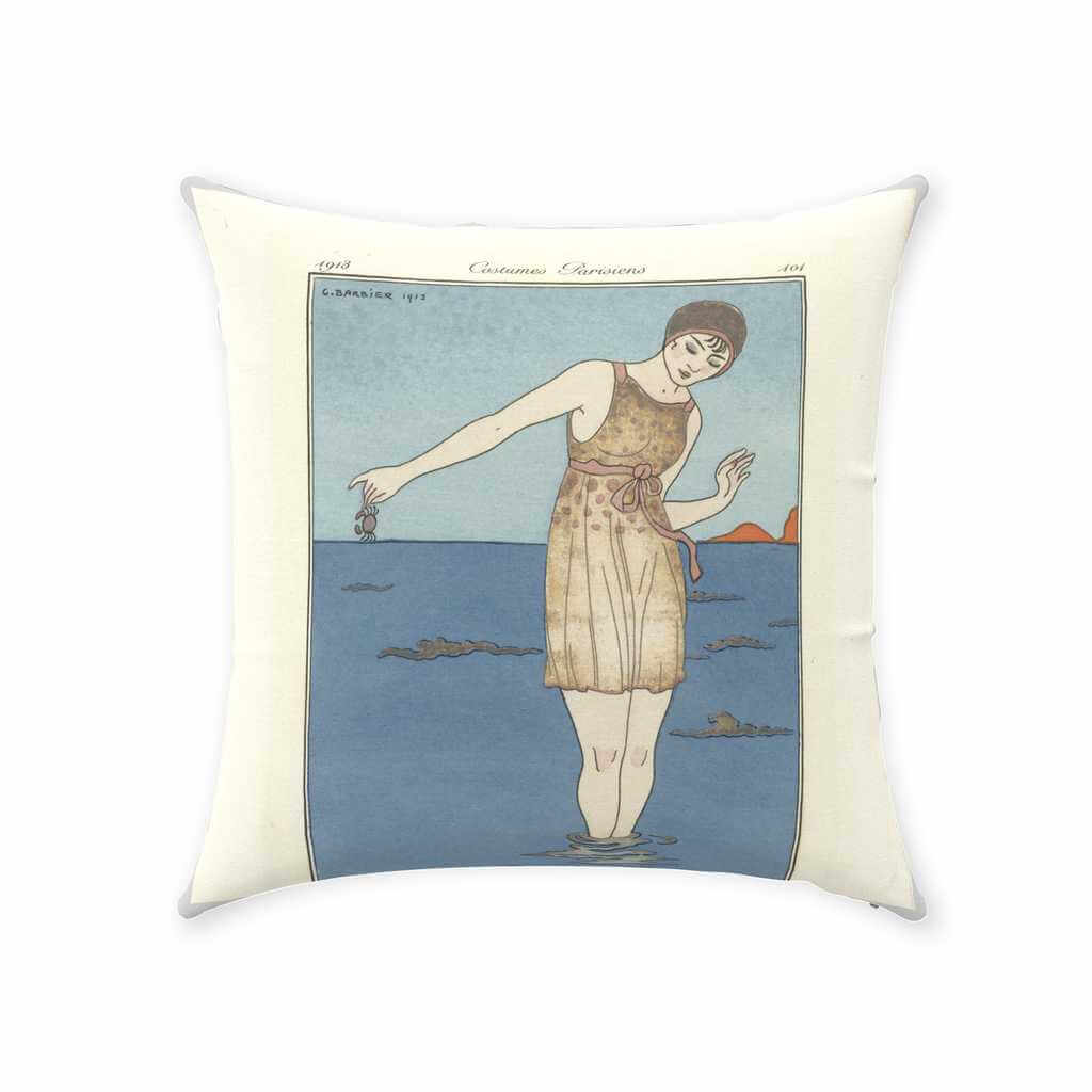 Beach Babe 1913' Throw Pillow 100% Cotton Twill in a 16x16 inch double-sided print cushion with poly fill insert and Zipper for easy removal and washing. Vintage illustration of woman in an antique bathing suit. On a blue background with a cream border