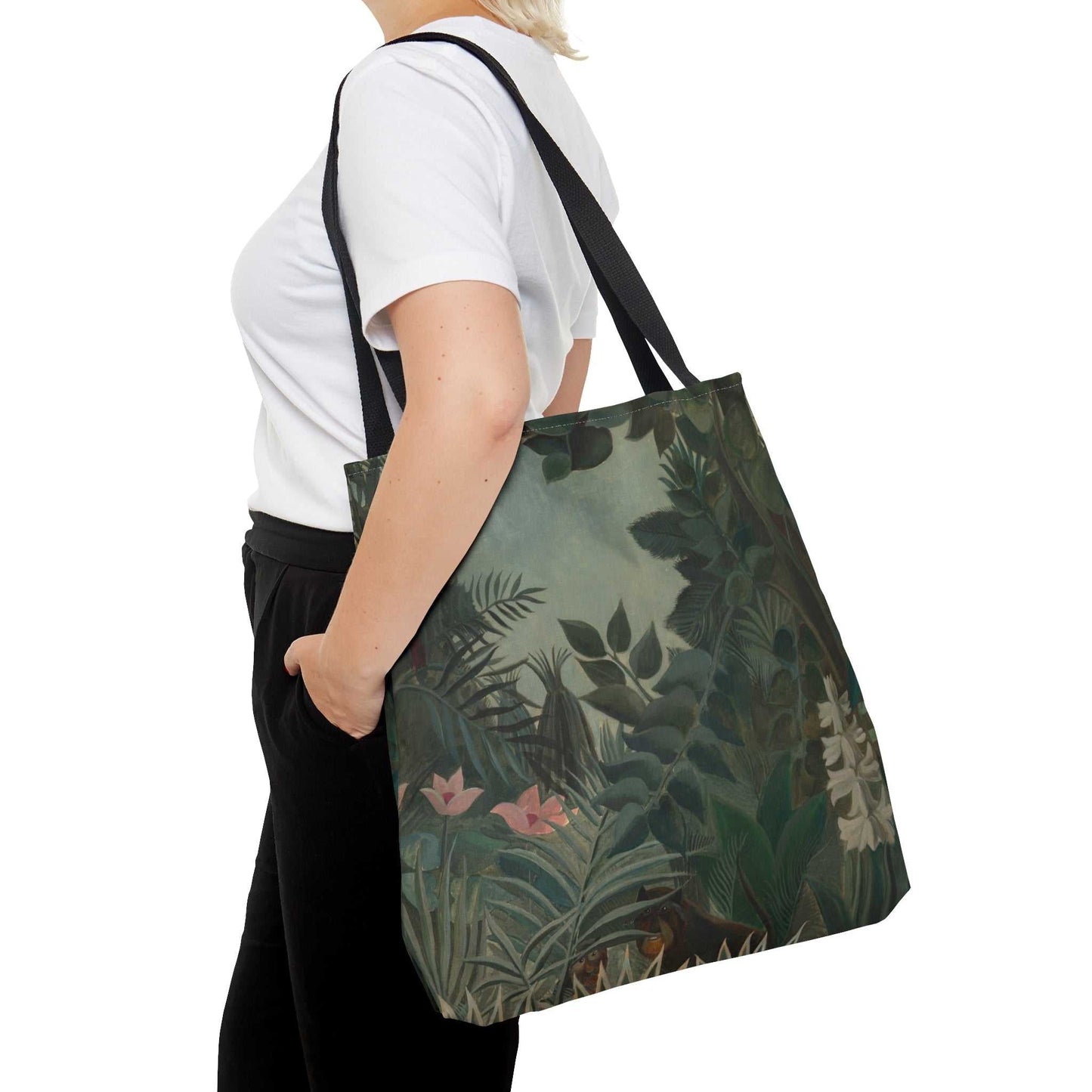 'Oh So Green' - Large Tote Bag by Fjarils.  the bag is pictured on the shoulder of a woman with a white t-shirt and black pants