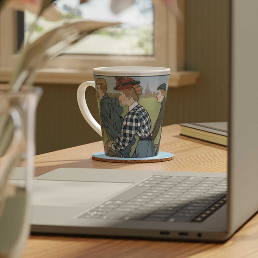 'Cycling'  ceramic Latte Mug with c shaped handle 12oz - scratch resistant 'Cycling' Latte Mug, 12oz - Free shipping in Canada.  Depicts picyclers from the turn of the 20th century in a brightly coloured illustration.  Pictured on a desk beside an open laptop computer