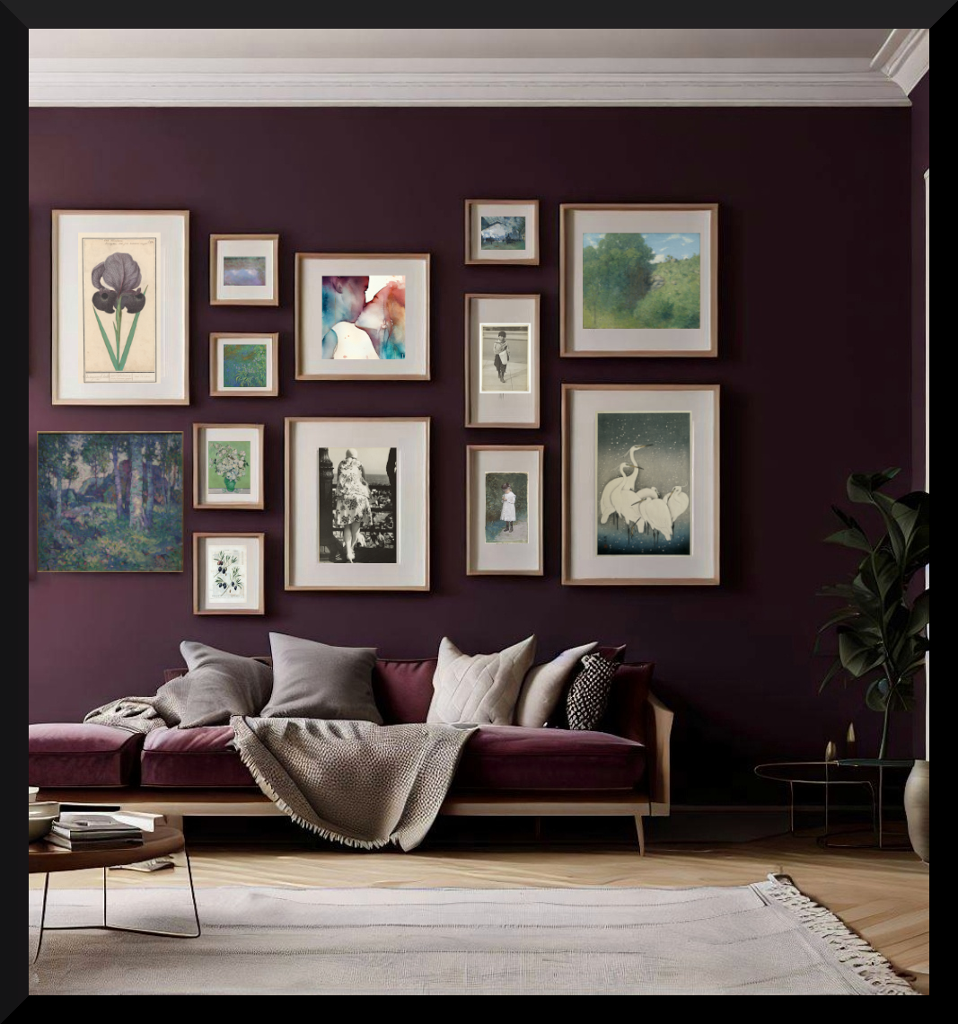 Sophisticated living room with a woorden Scandanavian style sofa base with Eggplnt colour fevelt cushions, thow pillows, a throw blanket and  large gallery wall featuring a large variety of artwork