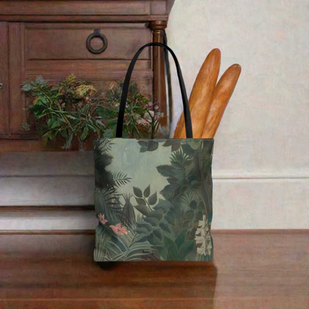 'Oh So Green' - Large Tote Bag by Fjarils - depicted here ion the floor in front of a wooden dresser the tote bag is filled with two baguettes and and some flowers